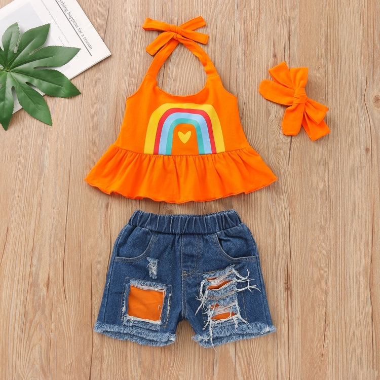 Girls Ruffled Halterneck Top Denim Shorts Suit