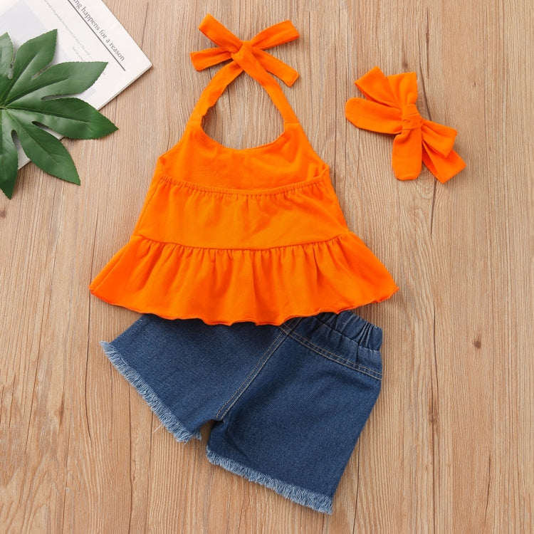 Girls Ruffled Halterneck Top Denim Shorts Suit