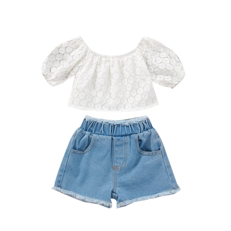 Girls Lace One-shoulder Flared Sleeve Pullover Denim Short Suit