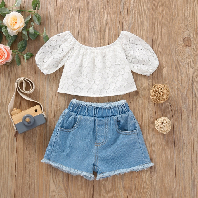 Girls Lace One-shoulder Flared Sleeve Pullover Denim Short Suit