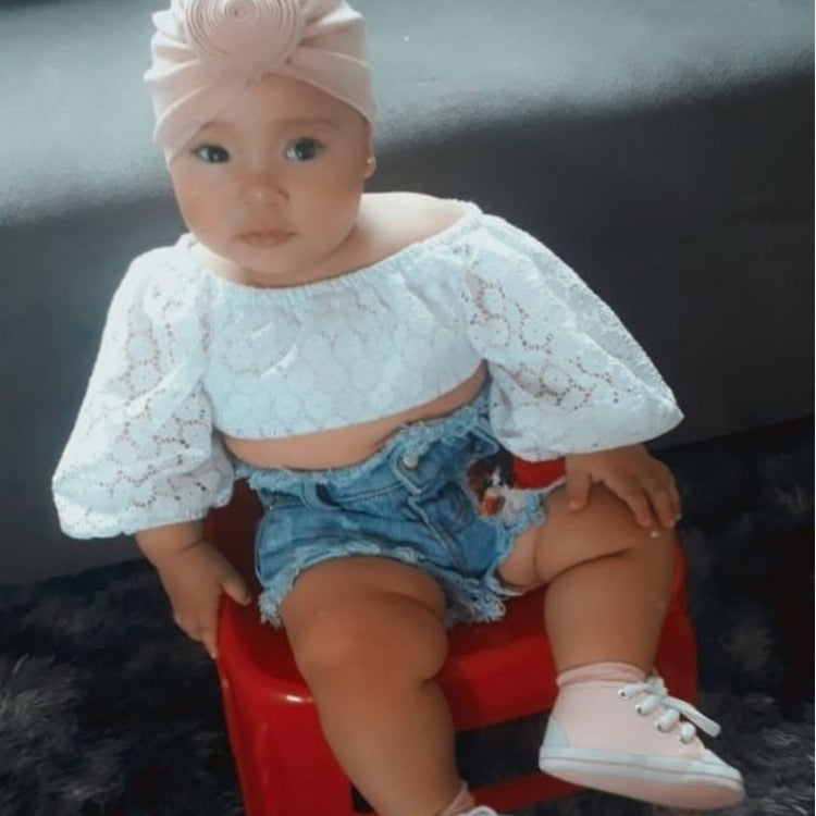 Girls Lace One-shoulder Flared Sleeve Pullover Denim Short Suit