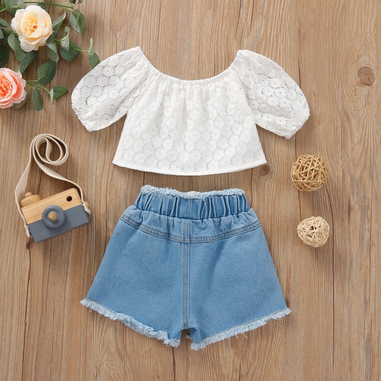 Girls Lace One-shoulder Flared Sleeve Pullover Denim Short Suit