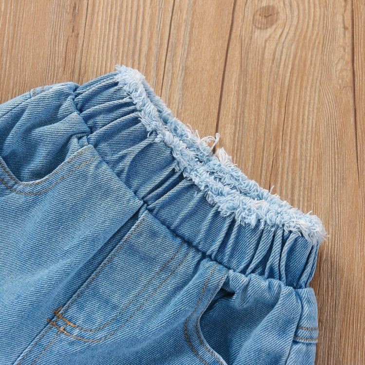 Girls Lace One-shoulder Flared Sleeve Pullover Denim Short Suit