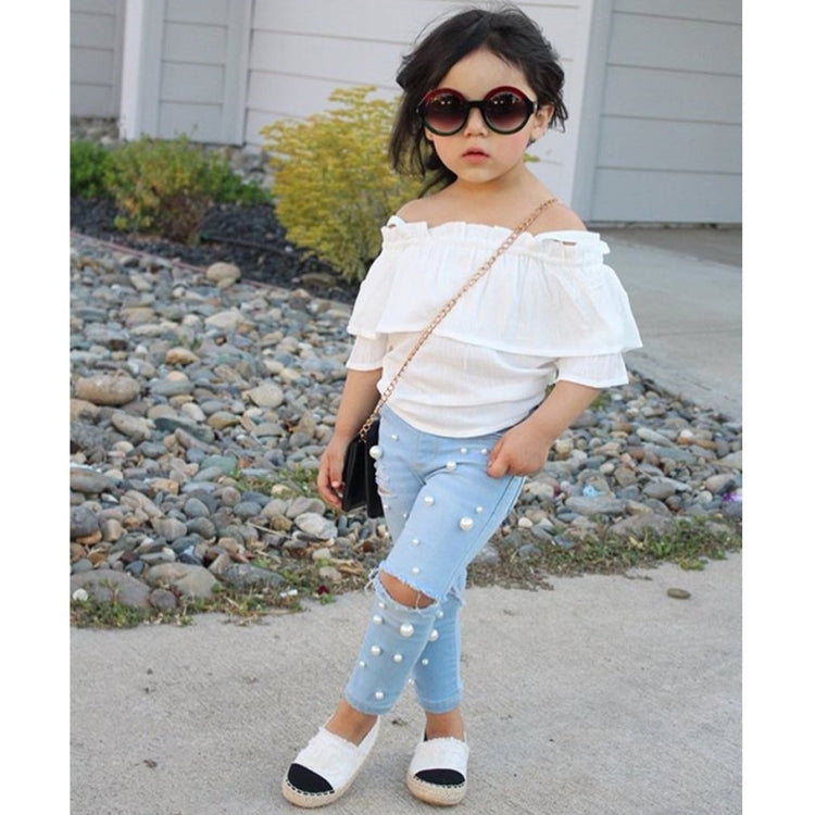 Girls One-shoulder Sling Top Beaded Jeans Two-piece Suit