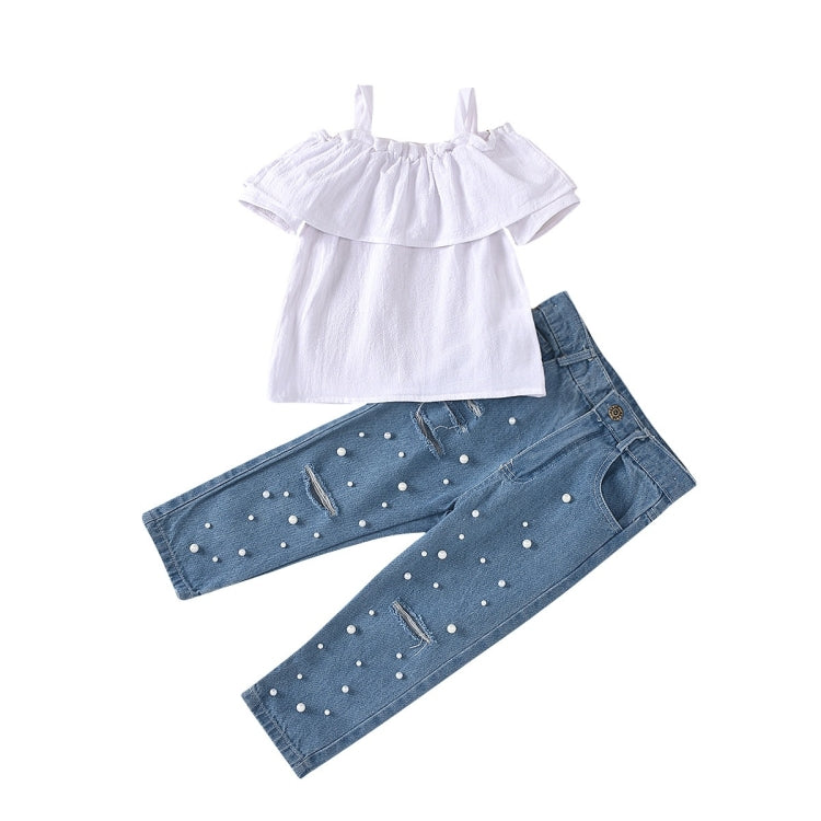 Girls One-shoulder Sling Top Beaded Jeans Two-piece Suit