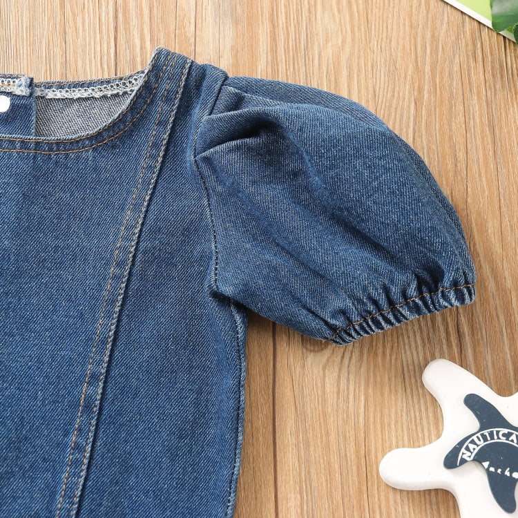 Girls Denim Puff Sleeve Top and Shorts Two-piece Suit