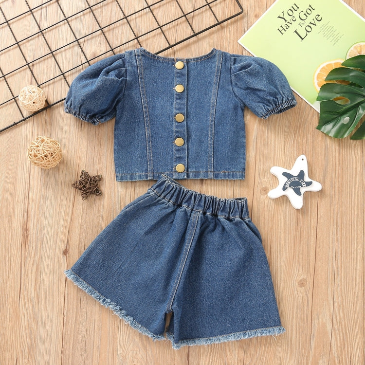 Girls Denim Puff Sleeve Top and Shorts Two-piece Suit