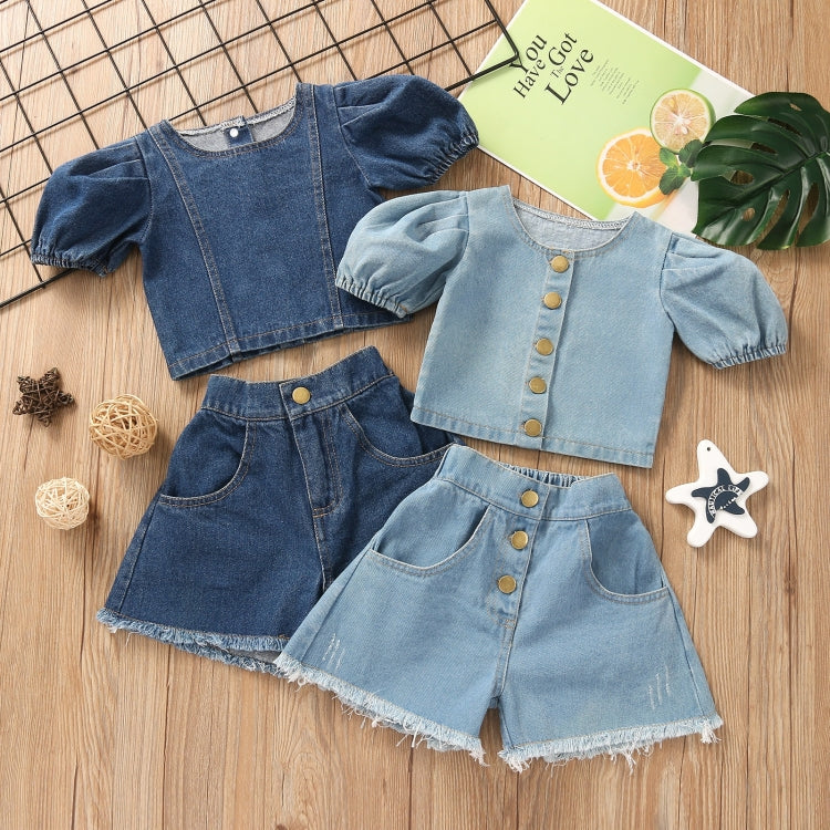 Girls Denim Puff Sleeve Top and Shorts Two-piece Suit