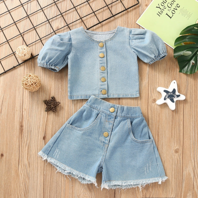 Girls Denim Puff Sleeve Top and Shorts Two-piece Suit