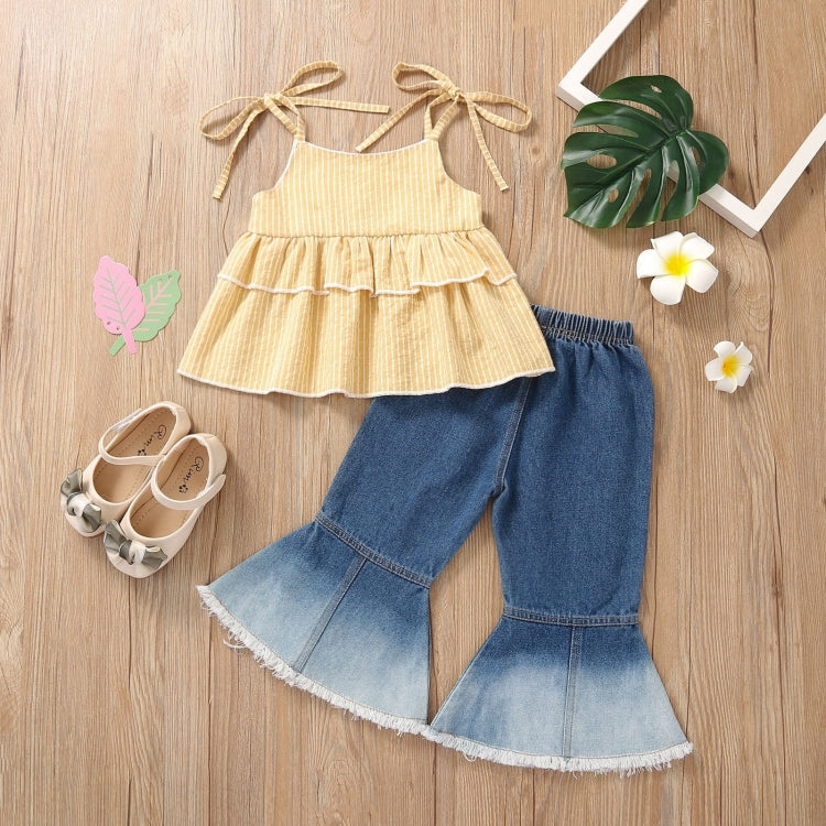 Girls Ruffled Camisole Denim Flared Pants Two-piece Suit