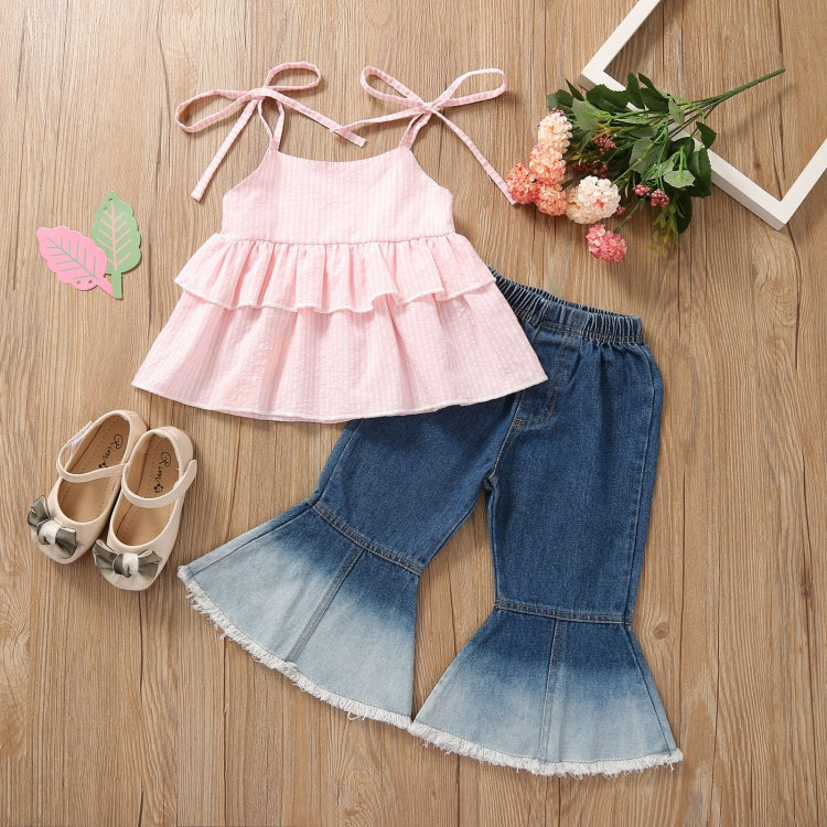 Girls Ruffled Camisole Denim Flared Pants Two-piece Suit