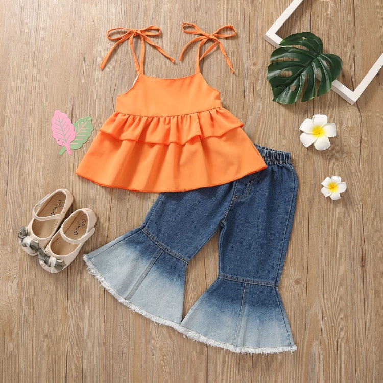 Girls Ruffled Camisole Denim Flared Pants Two-piece Suit