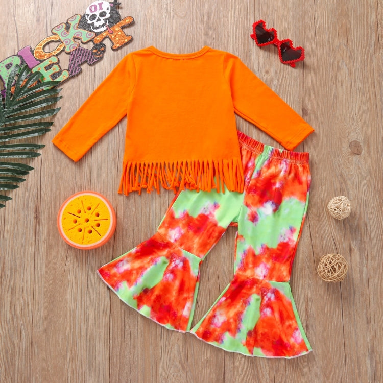 Girls Pumpkin Long Sleeve Tassel T-shirt Tie Dye Flared Pants Set