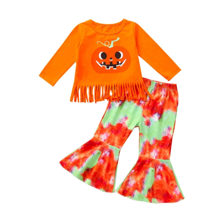 Girls Pumpkin Long Sleeve Tassel T-shirt Tie Dye Flared Pants Set