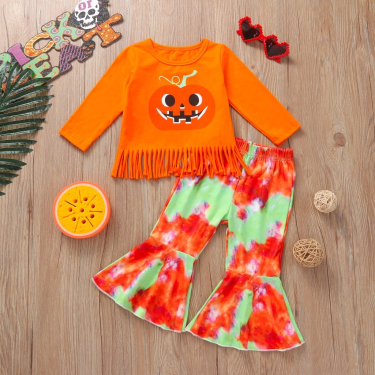 Girls Pumpkin Long Sleeve Tassel T-shirt Tie Dye Flared Pants Set