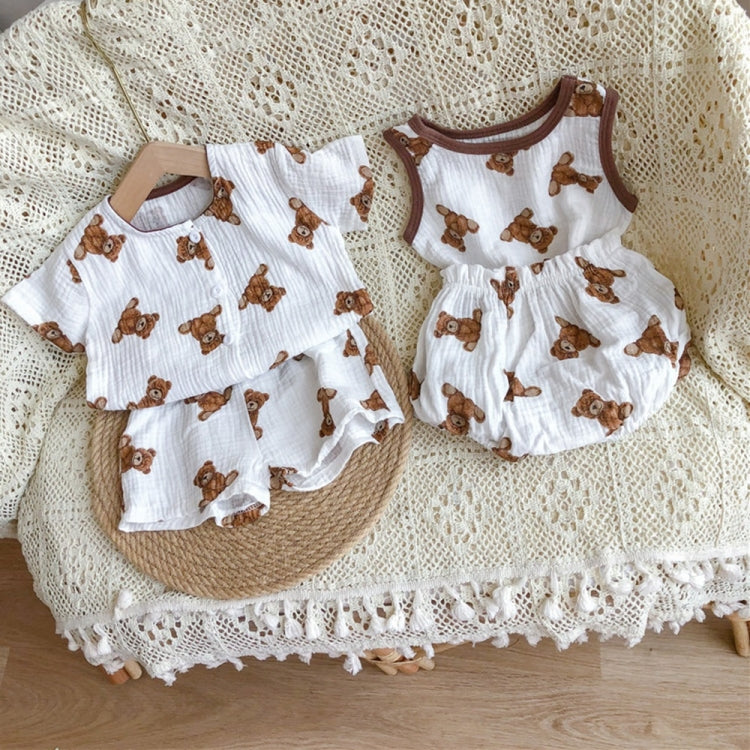 Children Cotton Linen Sleeveless Tops Shorts Air-conditioning Clothes Two-piece Suit