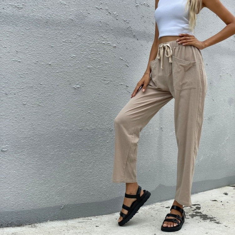 Women Color Cropped Straight-leg Pants with Laces