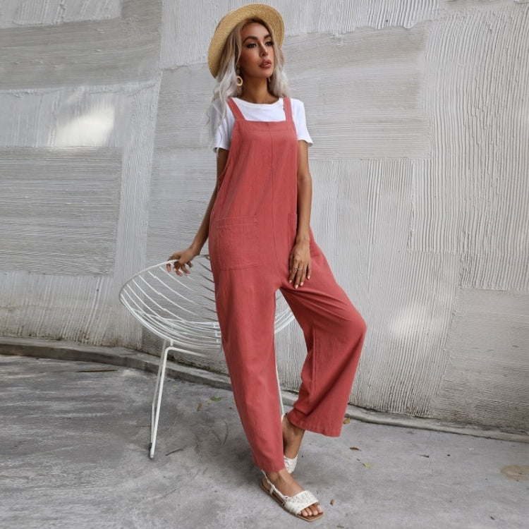 Ladies Solid Color Suspender Jumpsuit