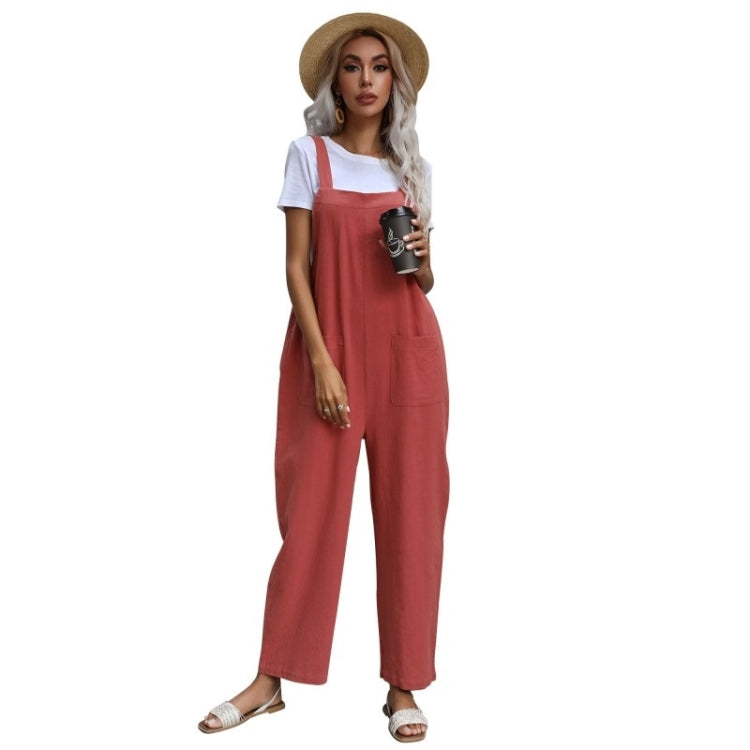 Ladies Solid Color Suspender Jumpsuit