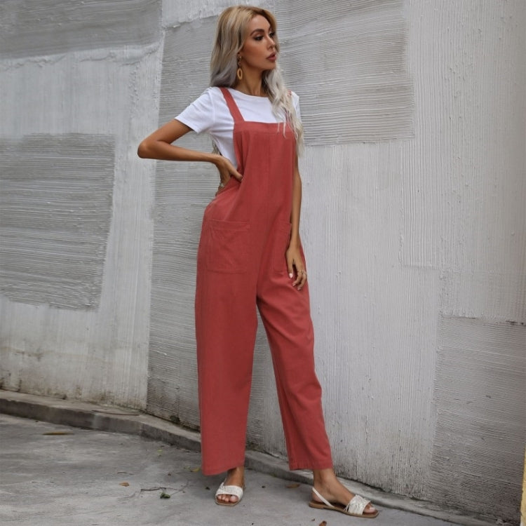 Ladies Solid Color Suspender Jumpsuit