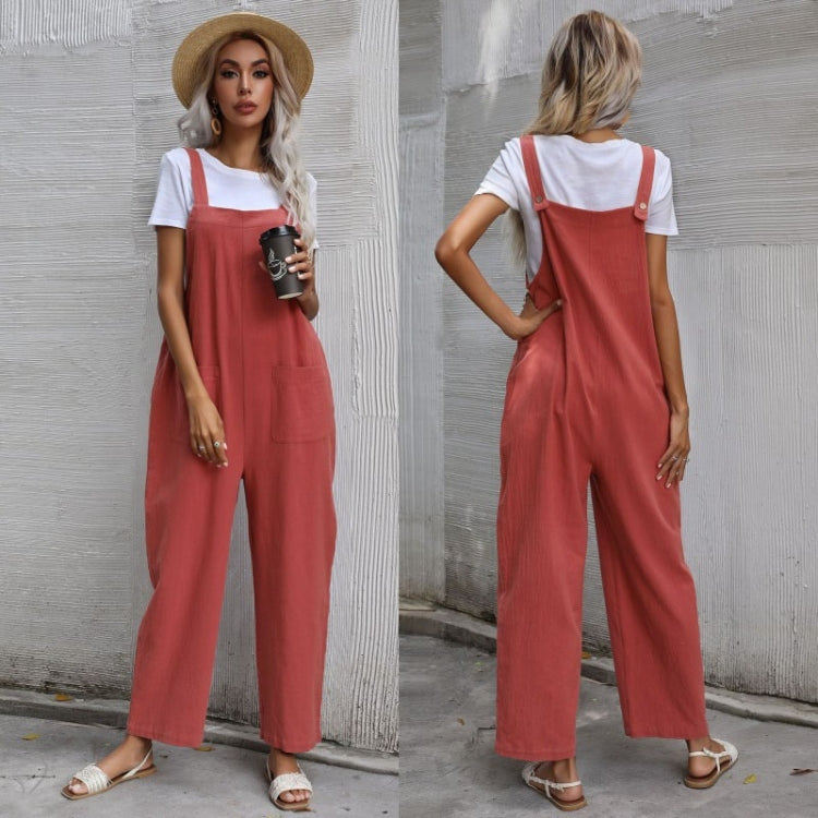 Ladies Solid Color Suspender Jumpsuit