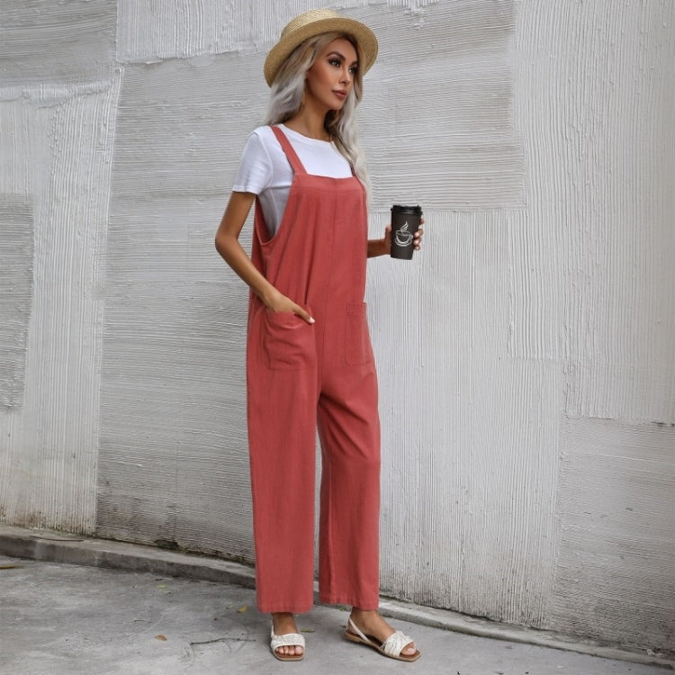Ladies Solid Color Suspender Jumpsuit