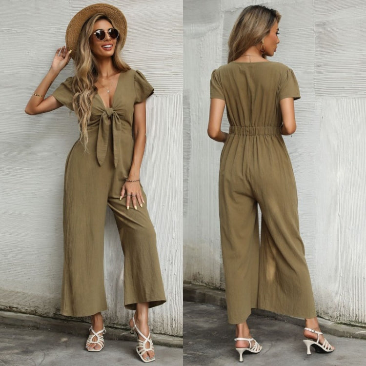 Women Solid Color Sexy Nine-point Wide-leg Jumpsuit