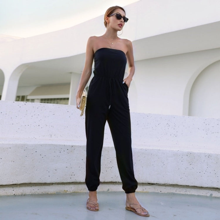 Women Solid Color Sleeveless One-shoulder Jumpsuit