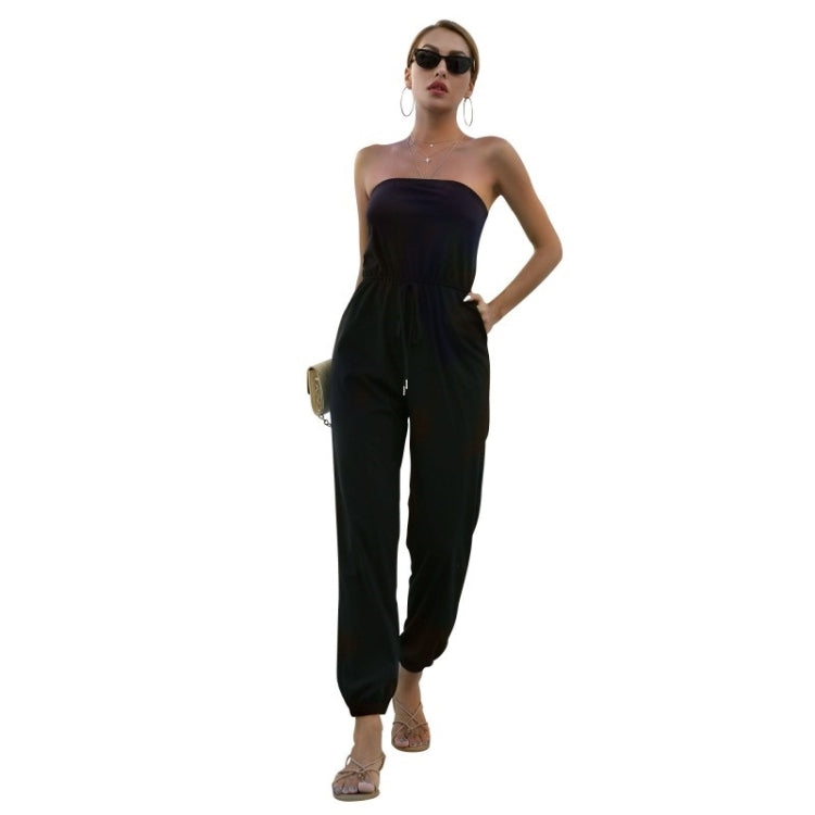 Women Solid Color Sleeveless One-shoulder Jumpsuit