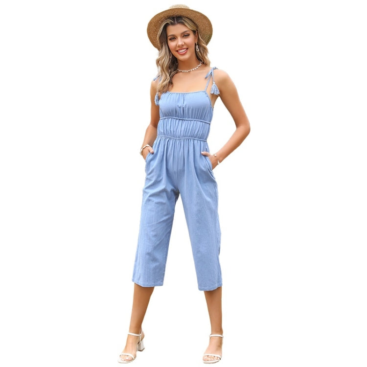 Women Cropped Pants Solid Color Lace-up Fringe Sexy Sling Jumpsuit