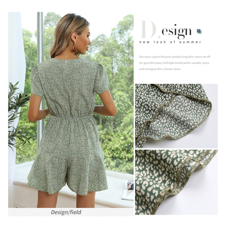 Women Green Leopard Print V-neck Wide-leg Jumpsuit