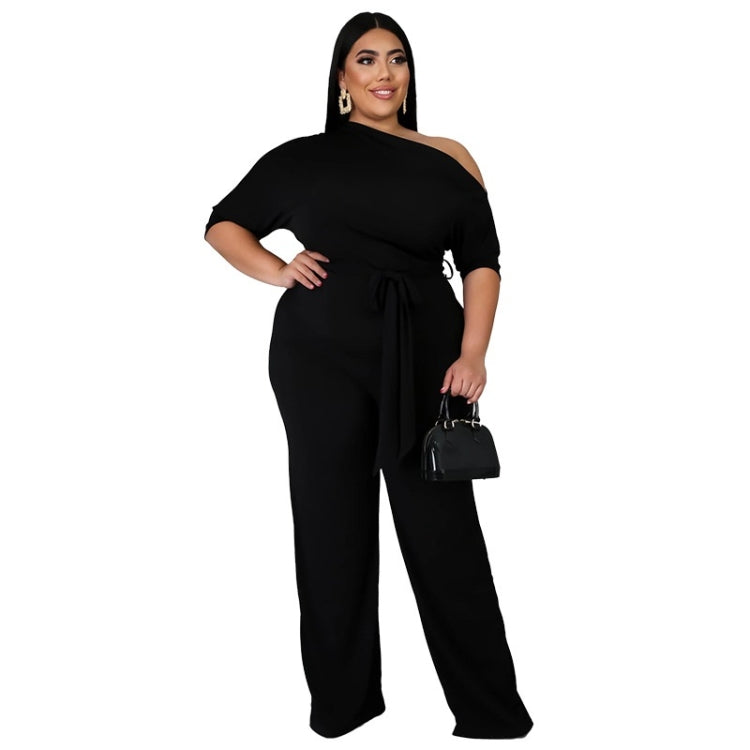 Solid Color Oblique Shoulder Strap Jumpsuit Wide-leg Pants