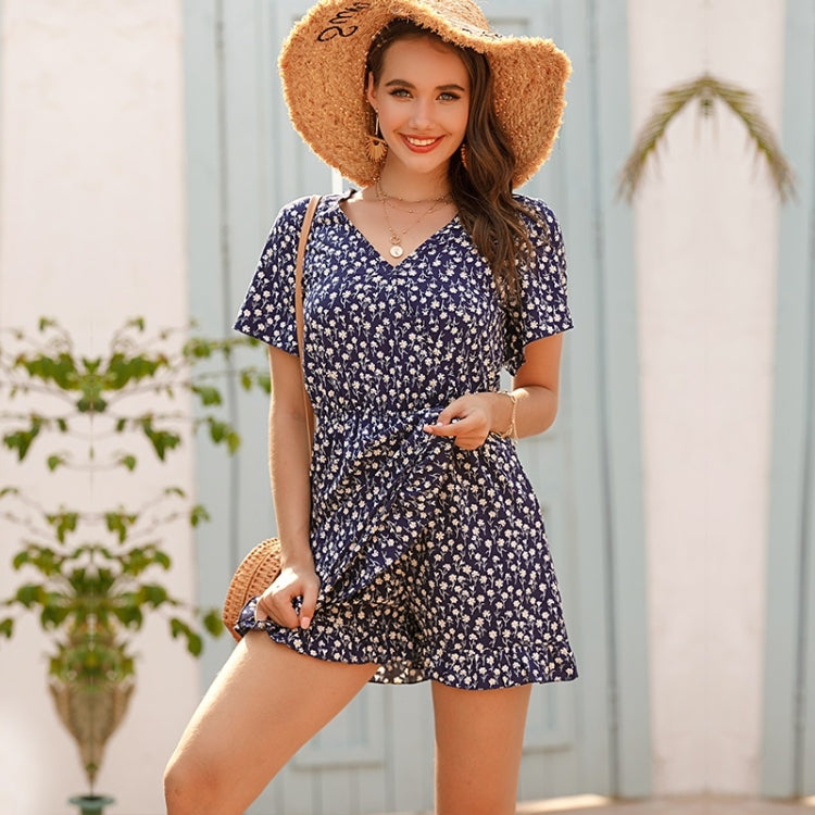 V-neck Short-sleeved Floral Chiffon Jumpsuit