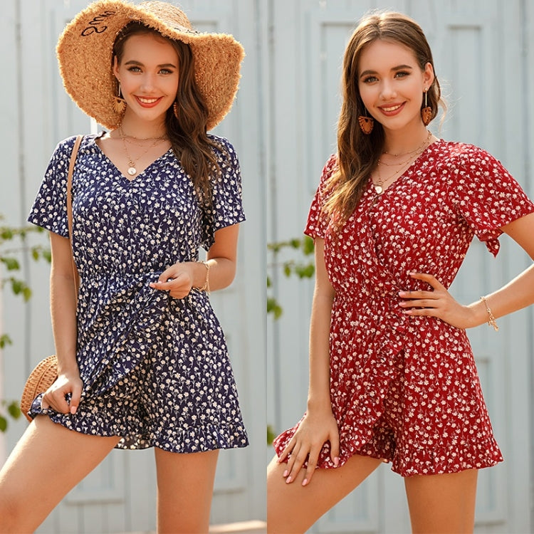V-neck Short-sleeved Floral Chiffon Jumpsuit