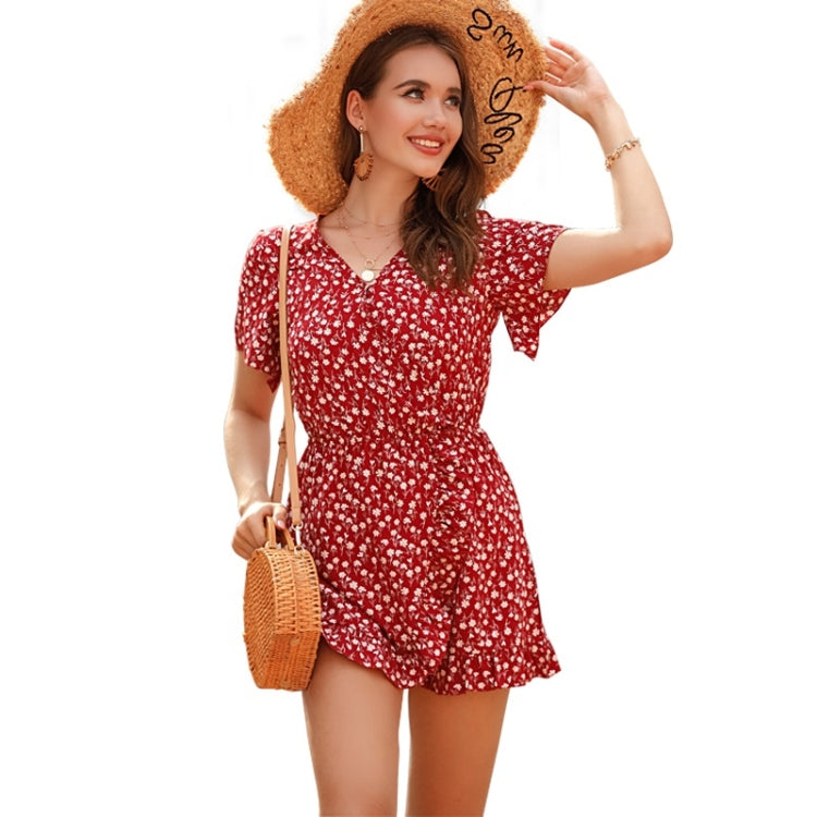 V-neck Short-sleeved Floral Chiffon Jumpsuit