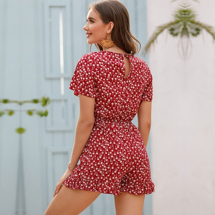 V-neck Short-sleeved Floral Chiffon Jumpsuit