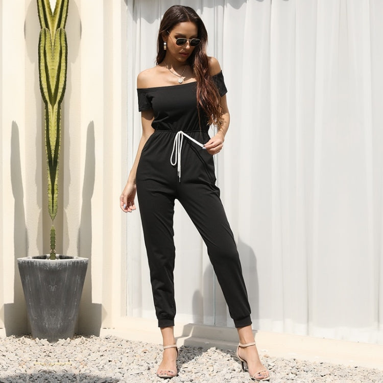 One-shoulder Off-shoulder Short-sleeved Lace-up Solid Color Jumpsuit