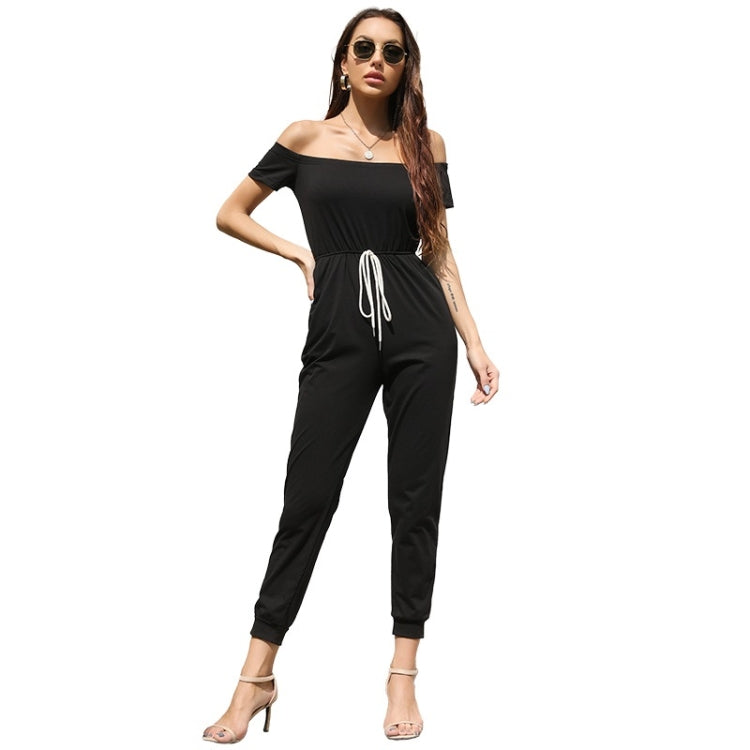 One-shoulder Off-shoulder Short-sleeved Lace-up Solid Color Jumpsuit