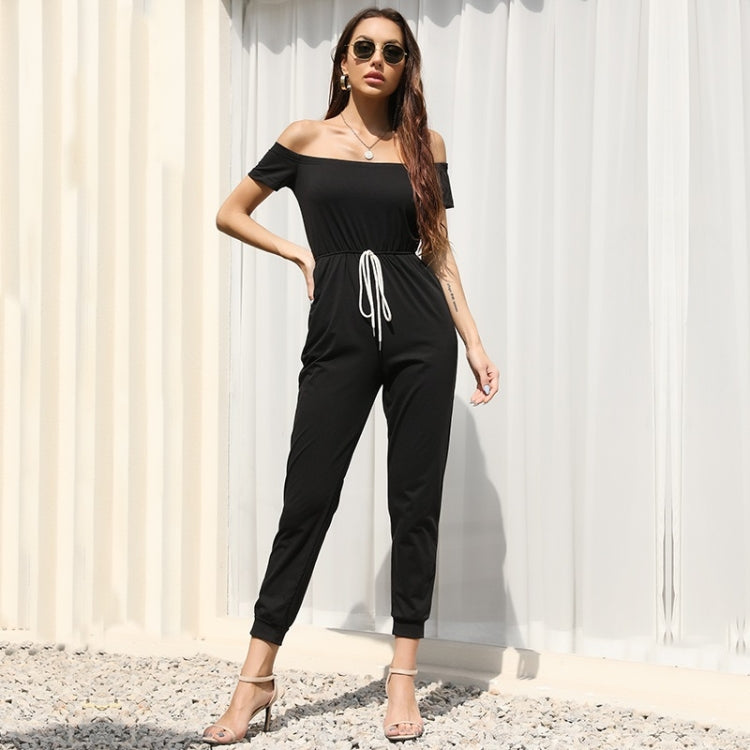 One-shoulder Off-shoulder Short-sleeved Lace-up Solid Color Jumpsuit