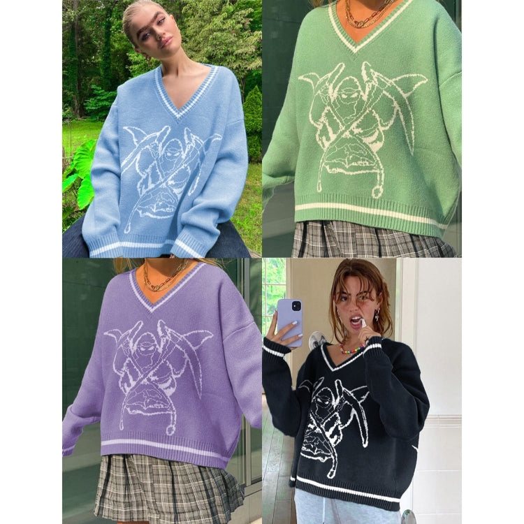 Individuality Pattern Loose V-neck Pullover Women Casual Knit Sweater