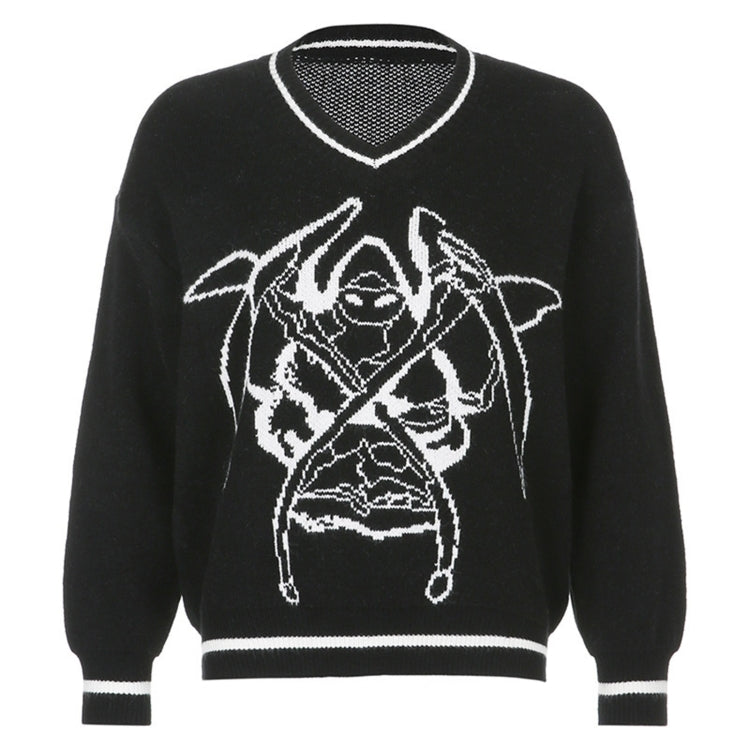 Individuality Pattern Loose V-neck Pullover Women Casual Knit Sweater