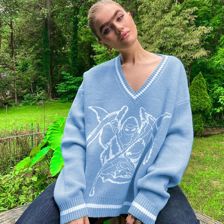 Individuality Pattern Loose V-neck Pullover Women Casual Knit Sweater