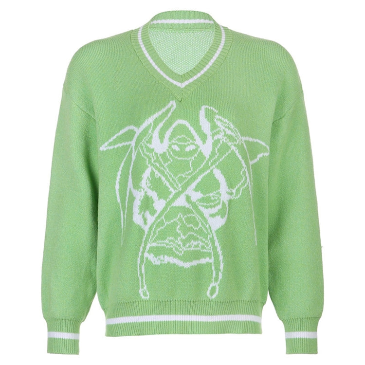 Individuality Pattern Loose V-neck Pullover Women Casual Knit Sweater