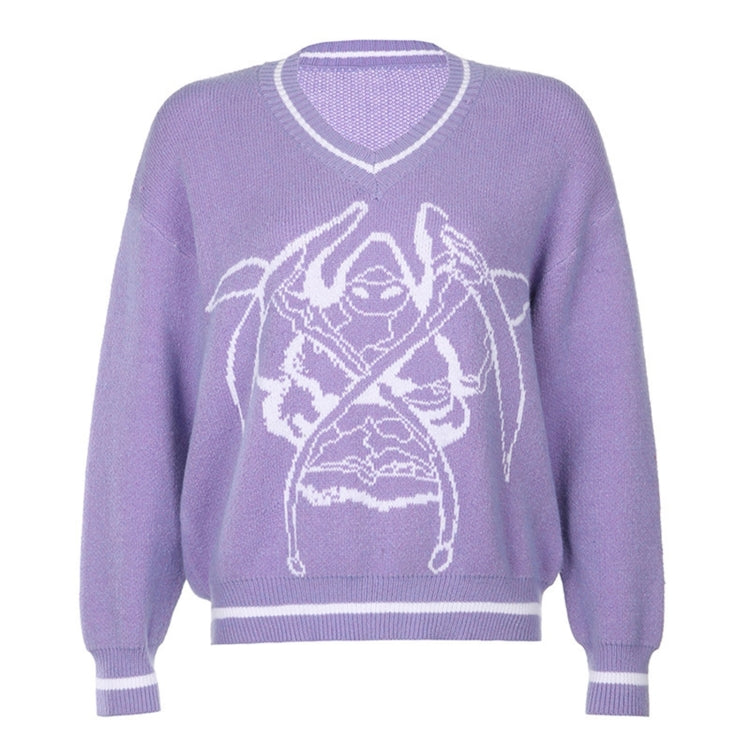Individuality Pattern Loose V-neck Pullover Women Casual Knit Sweater