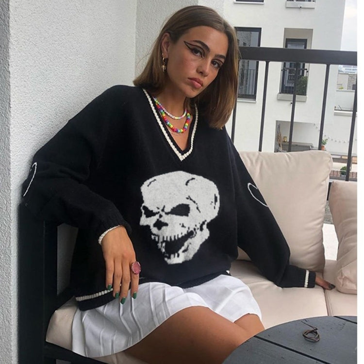 Skull Pattern V-neck Pullover Women Sweater