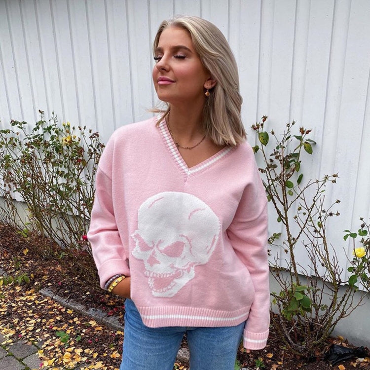 Skull Pattern V-neck Pullover Women Sweater