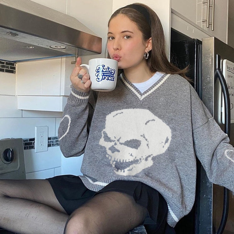 Skull Pattern V-neck Pullover Women Sweater