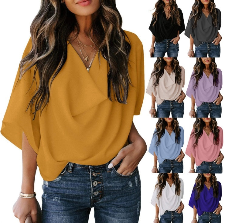 Solid Color Loose V-neck Bat Sleeve Short-sleeved T-shirt For Women
