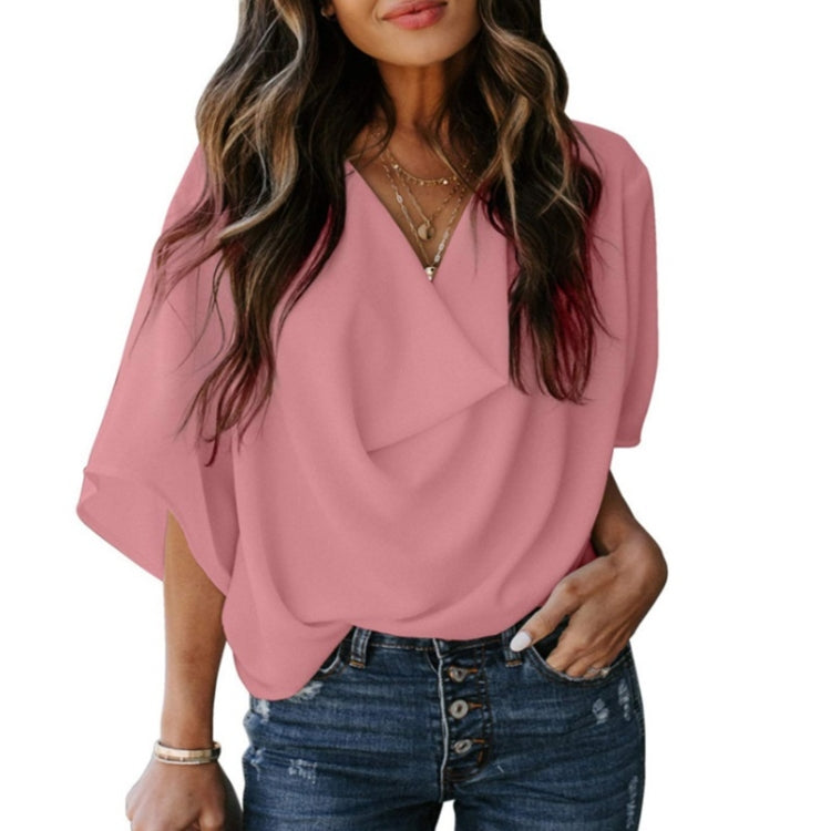 Solid Color Loose V-neck Bat Sleeve Short-sleeved T-shirt For Women