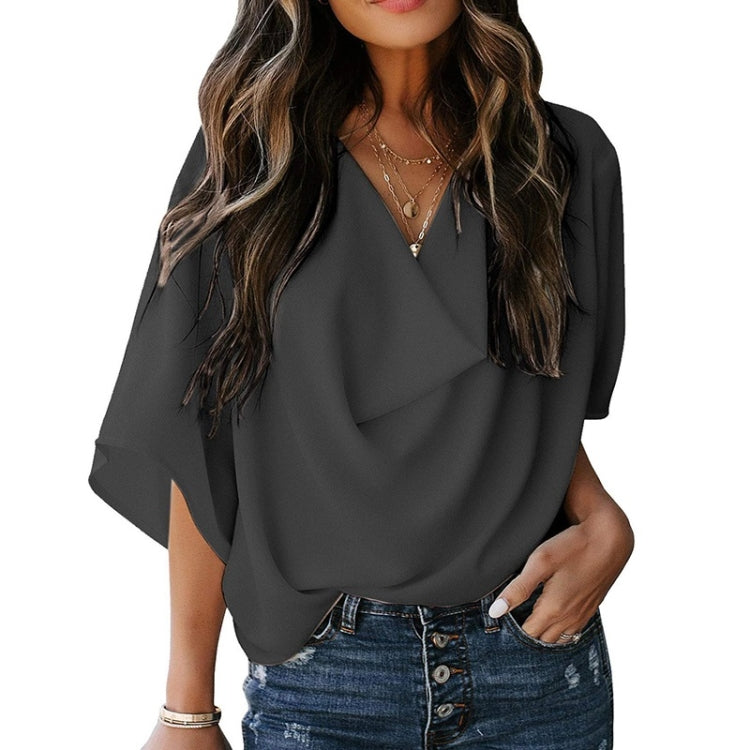 Solid Color Loose V-neck Bat Sleeve Short-sleeved T-shirt For Women